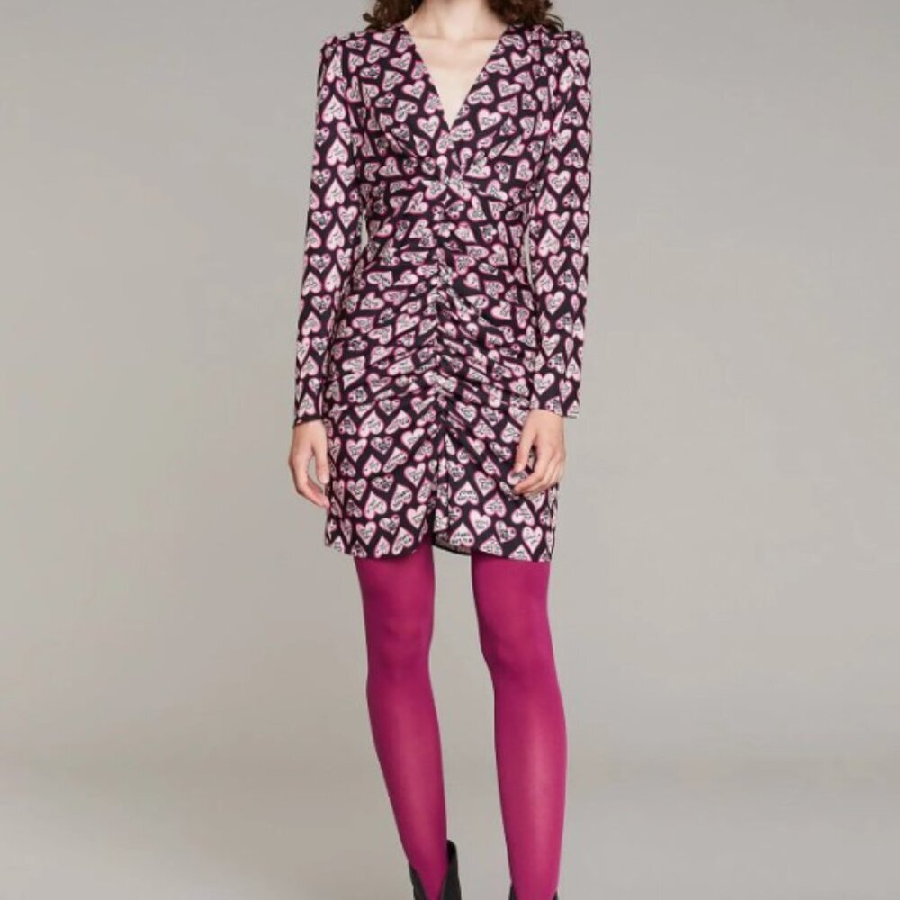 *Denny Rose Heart Print Satin Mini Dress Draped V-Neck IT 42 S